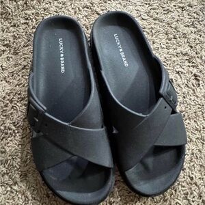Lucky Brand Black Cross-Strap Slides